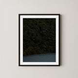 Daintree art print of a dark forest with birds and ocean in the Daintree, Australia, displayed on a wall in a black frame.