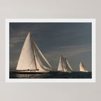Art print showing three white-sailed yachts on dark blue water under a cloudy gray sky, centered on a light gray background.